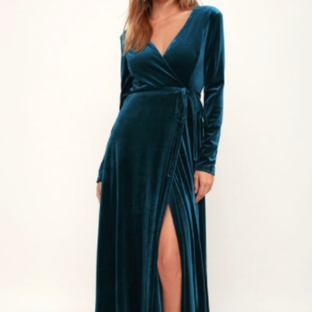 TEAL BLUE VELVET WRAP MAXI